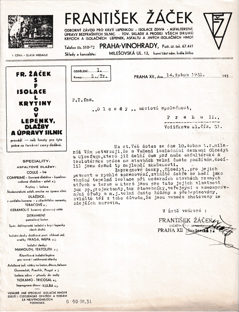 Účet, Isolace a krytiny, Praha Vinohrady, 1931
