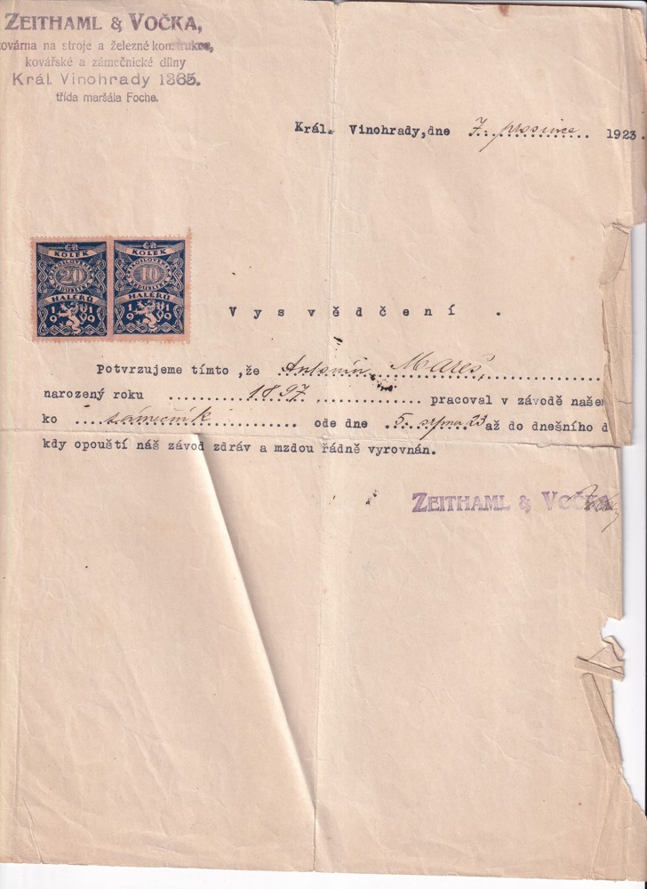 Účet, Kovářské a zámky, Praha Vinohrady, 1923