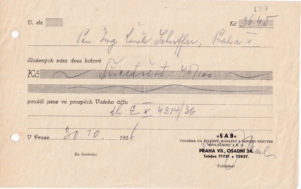 Účet, Nábytek, Sab, Praha, 1936