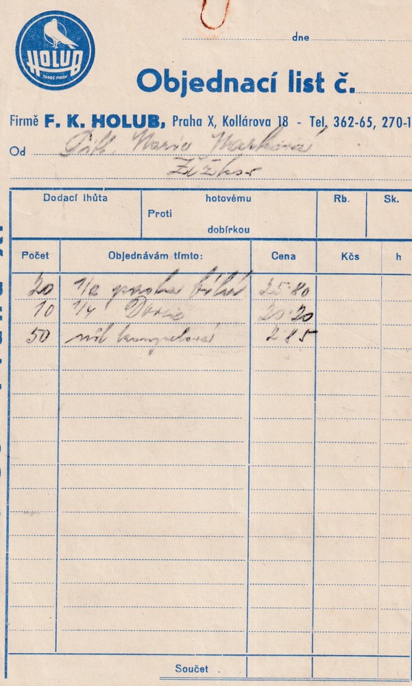 Účet, F.K. Holub, Objednací list