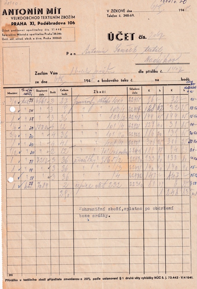 Účet, Velkoobchod textilním zbožím, Praha, 1948