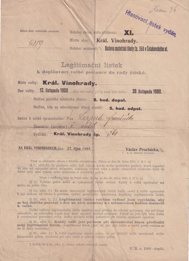 Účet, Legitimační lístek, Praha Vinohrady, 1908