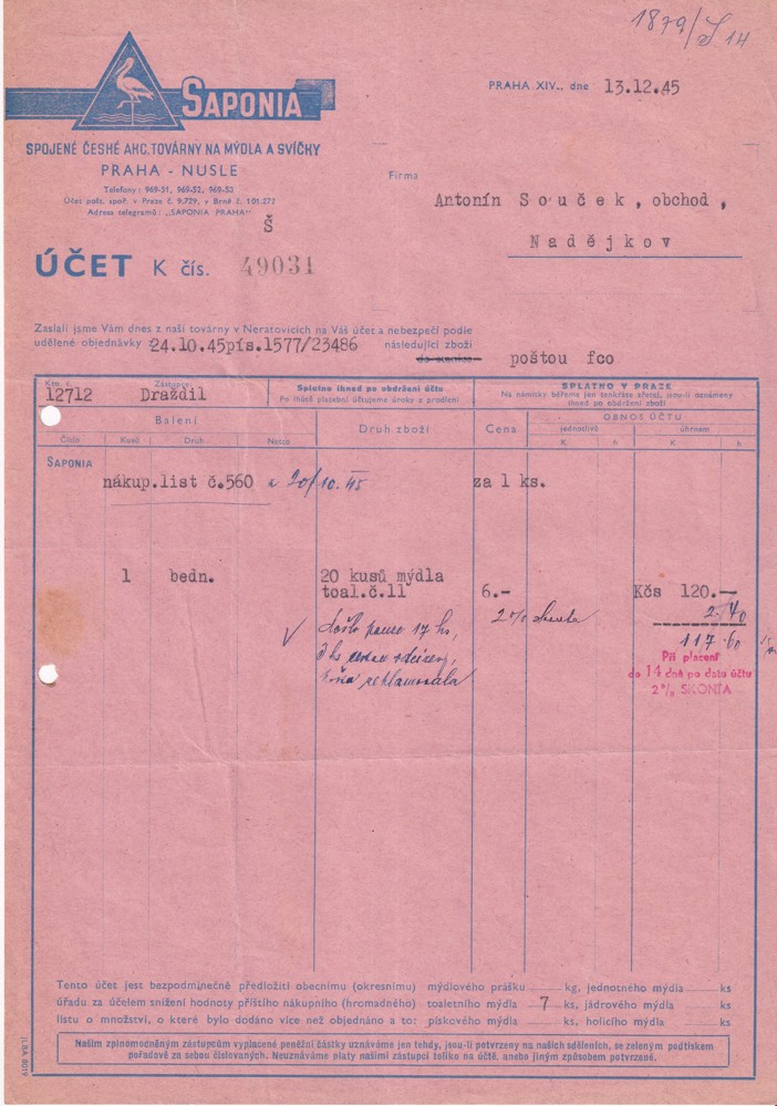 Účet, Mýdla a svíčky, Saponia, Praha, 1945
