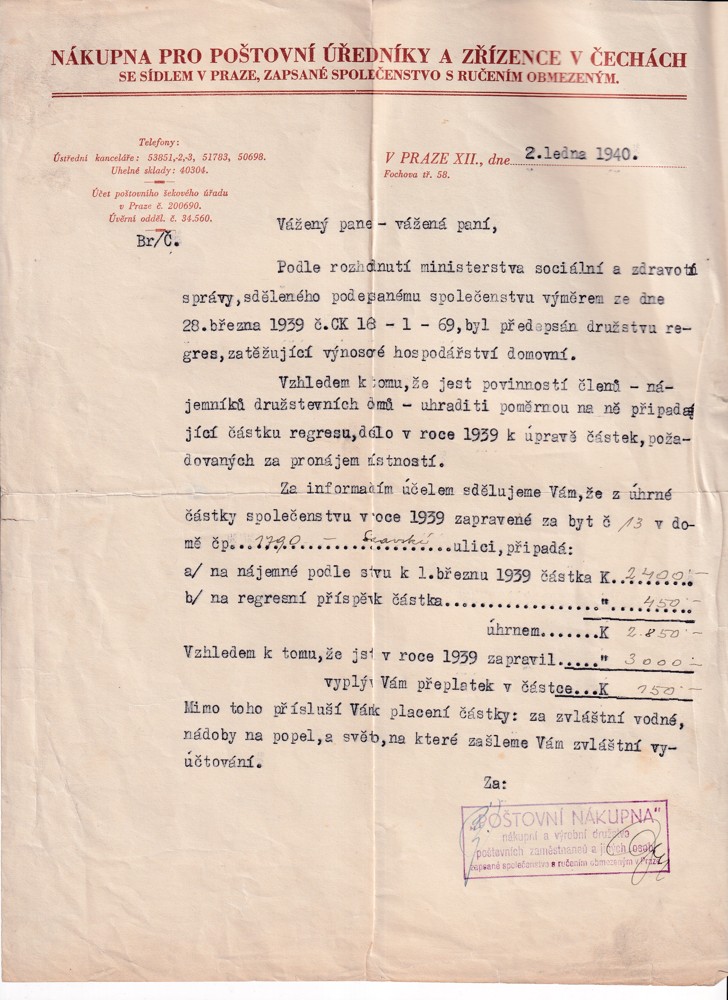 Účet, Nákupna, poštovní úředníci, Praha, 1940