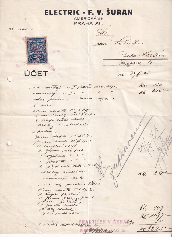 Účet, Electric, F. V. Šuran, Praha Karlín