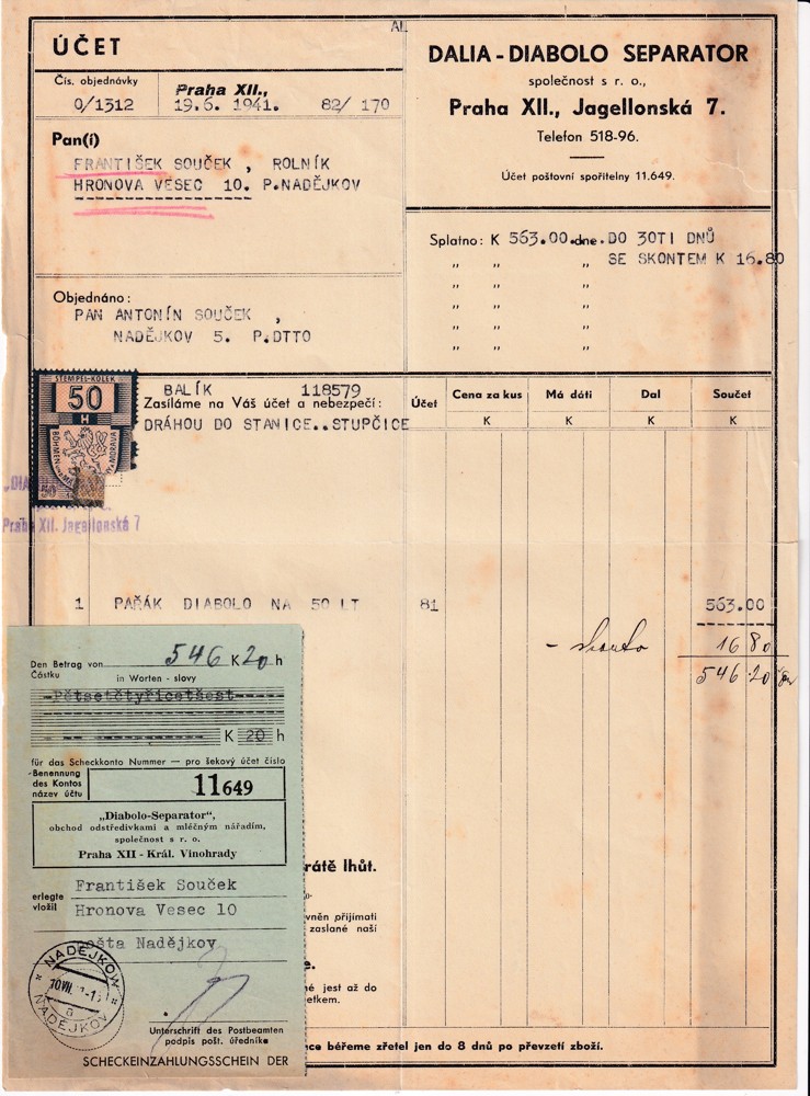 Účet, Dalia-Diabolo, Praha, 1941