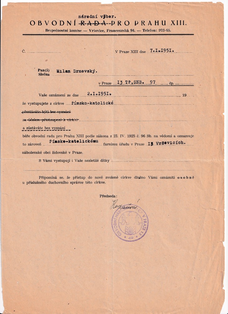 Účet, Národní výbor, Praha, 1951