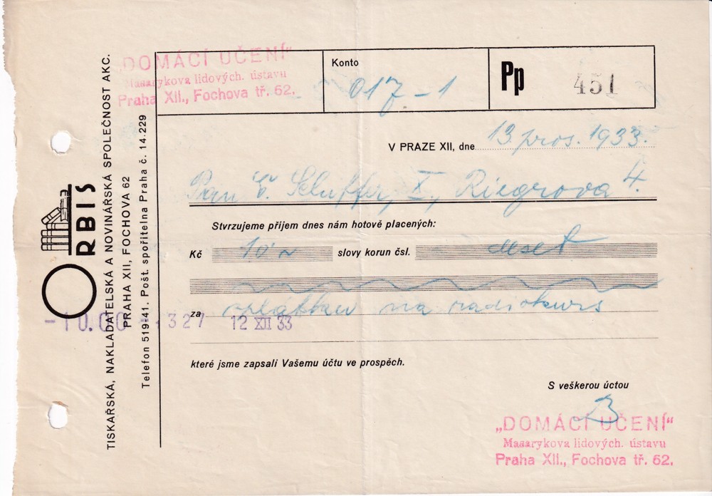 Účet, Orbis, tisk, nakladatelství, Praha, 1933