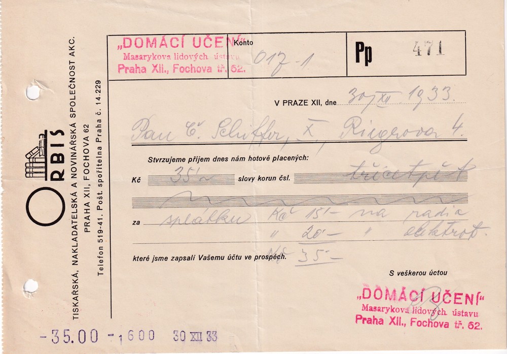 Účet, Orbis, tisk, nakladatelství, Praha, 1933