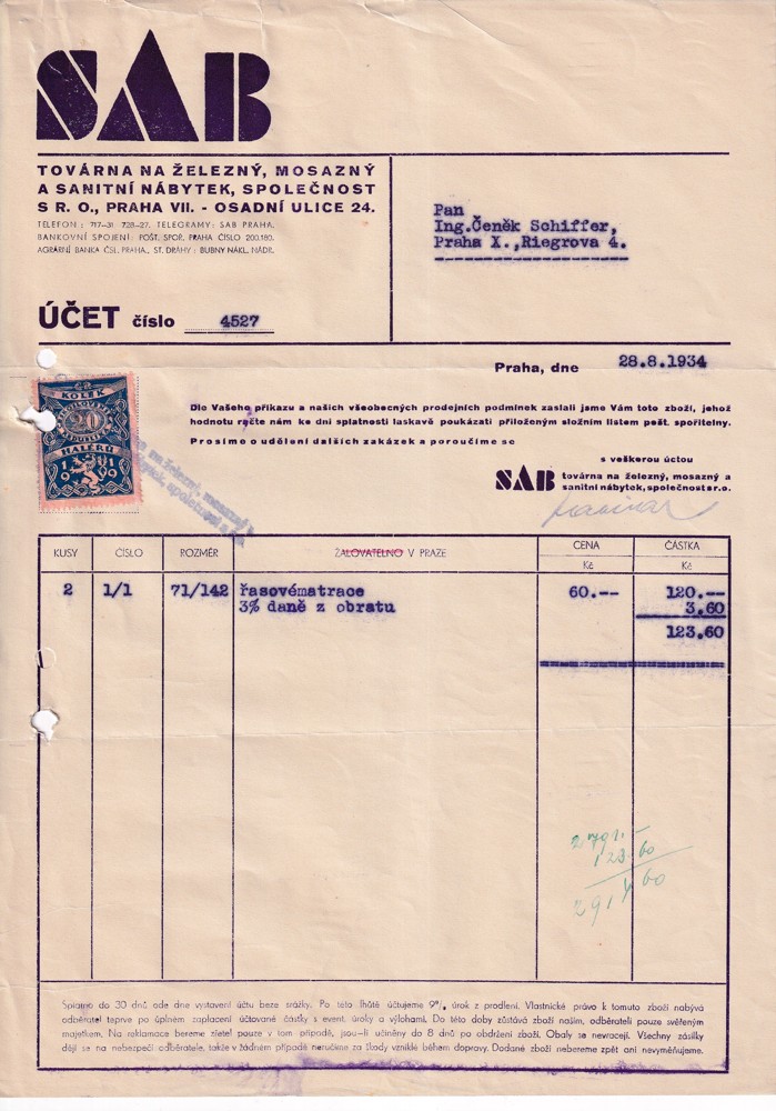 Sada účtů, Sab, nábytek, Praha, 1935, 4 ks