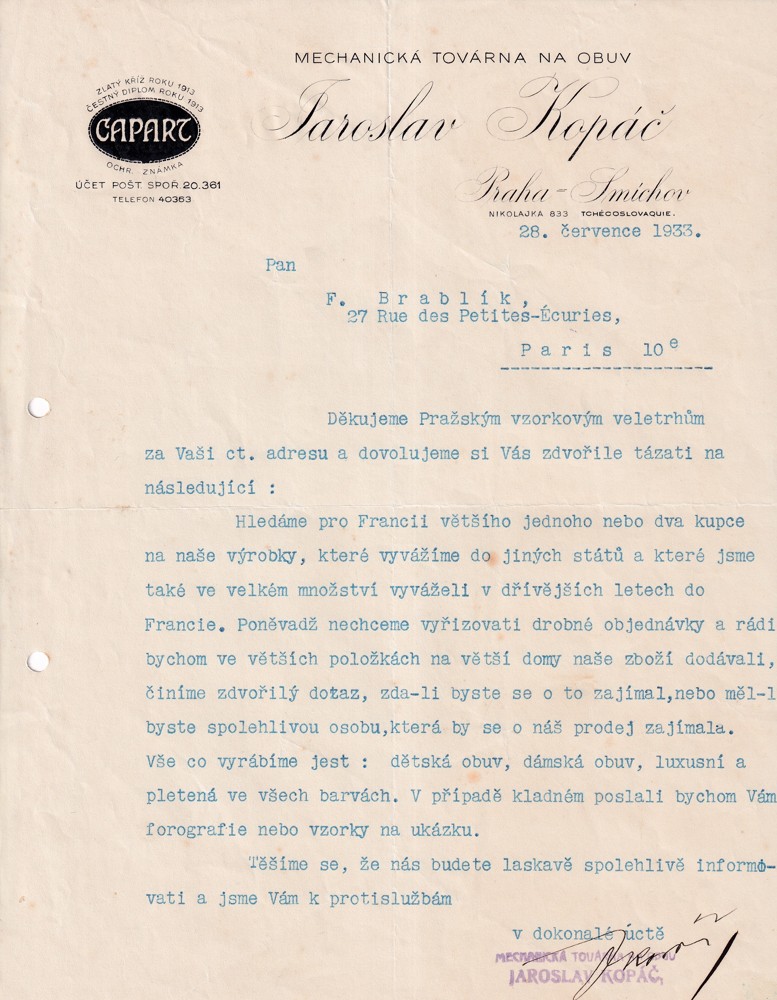 Účet, Mechanická továrna na obuv, Praha, 1933