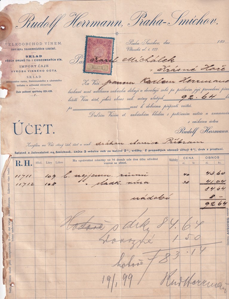 Účet, Velkoobchod vínem, likéry, Praha