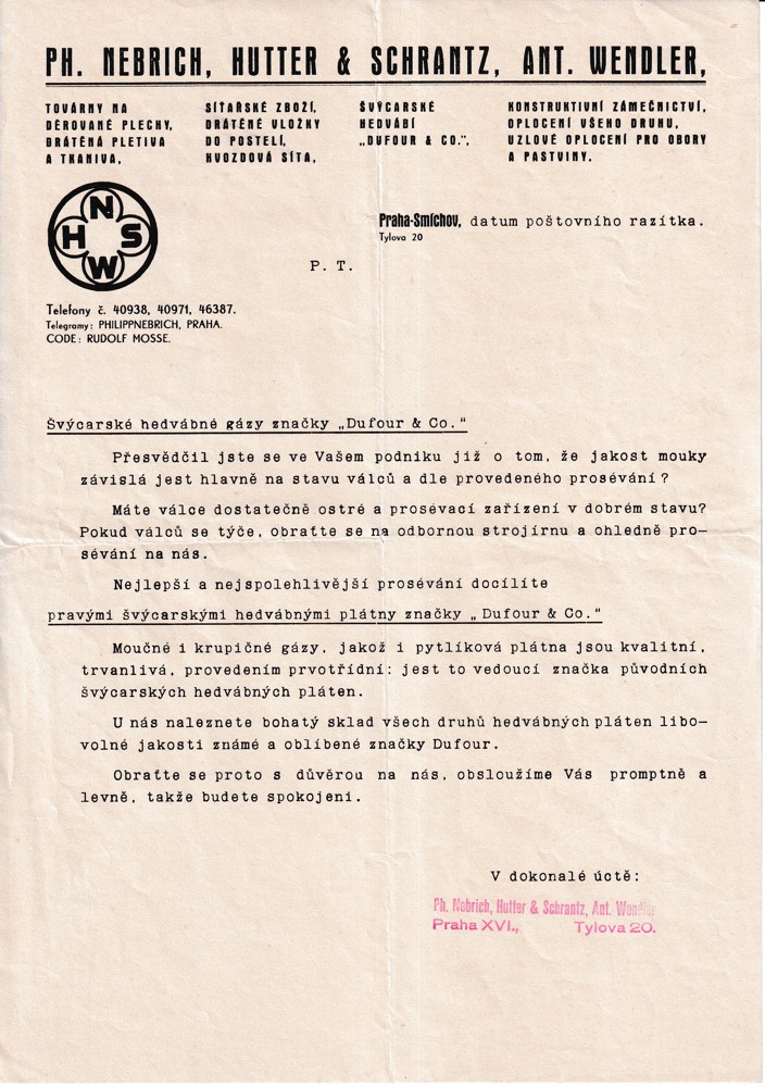 Účet, Švýcarské hedvábné gázy, Dufour-Co, Praha