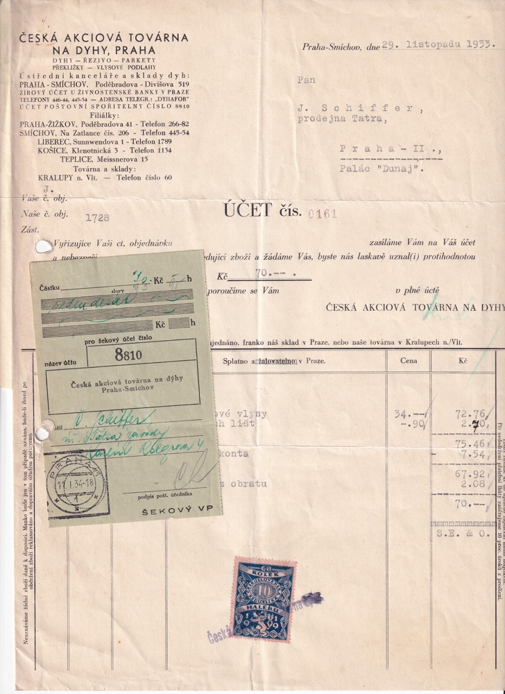 Účet, Továrna na dyhy, Praha, 1933