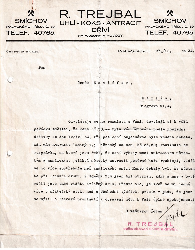 Účet, Uhlí, koks, antracit, Praha, 1934