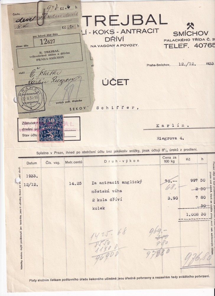 Účet, Uhlí, koks, antracit, Praha, 1933