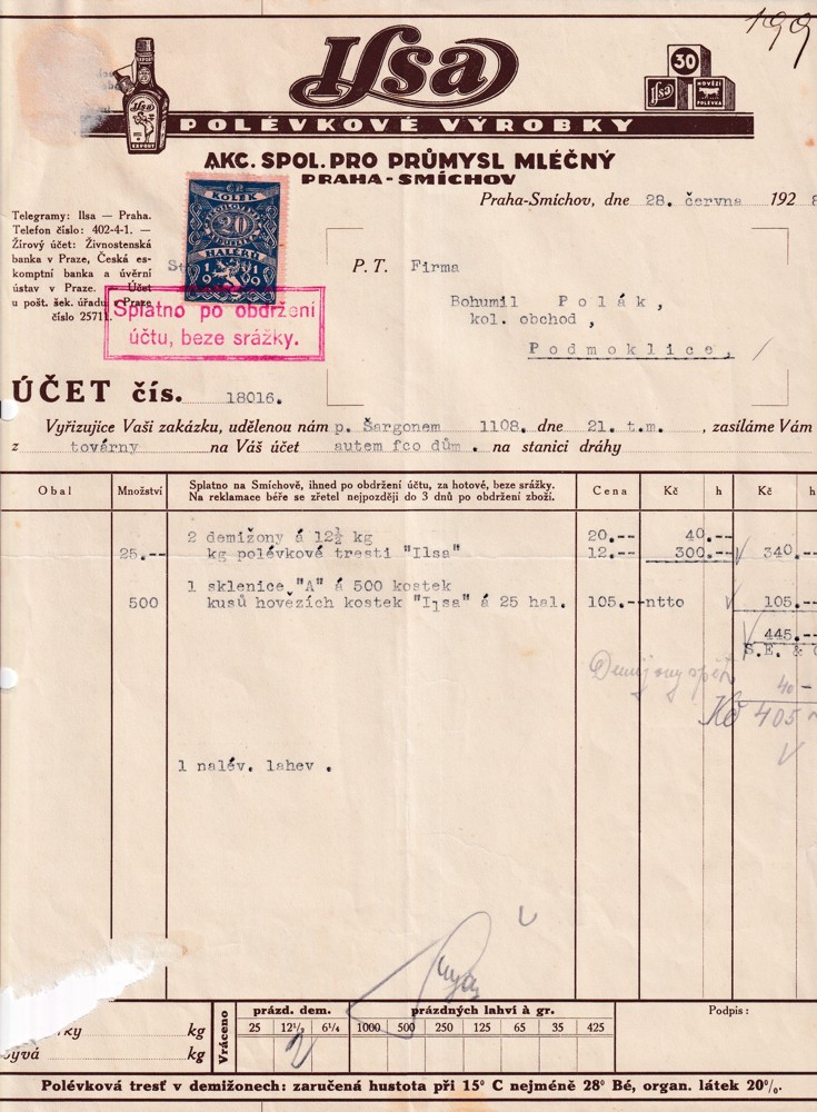 Účet, Ilsa, polévkové výrobky, Praha, 1928-45, 6ks