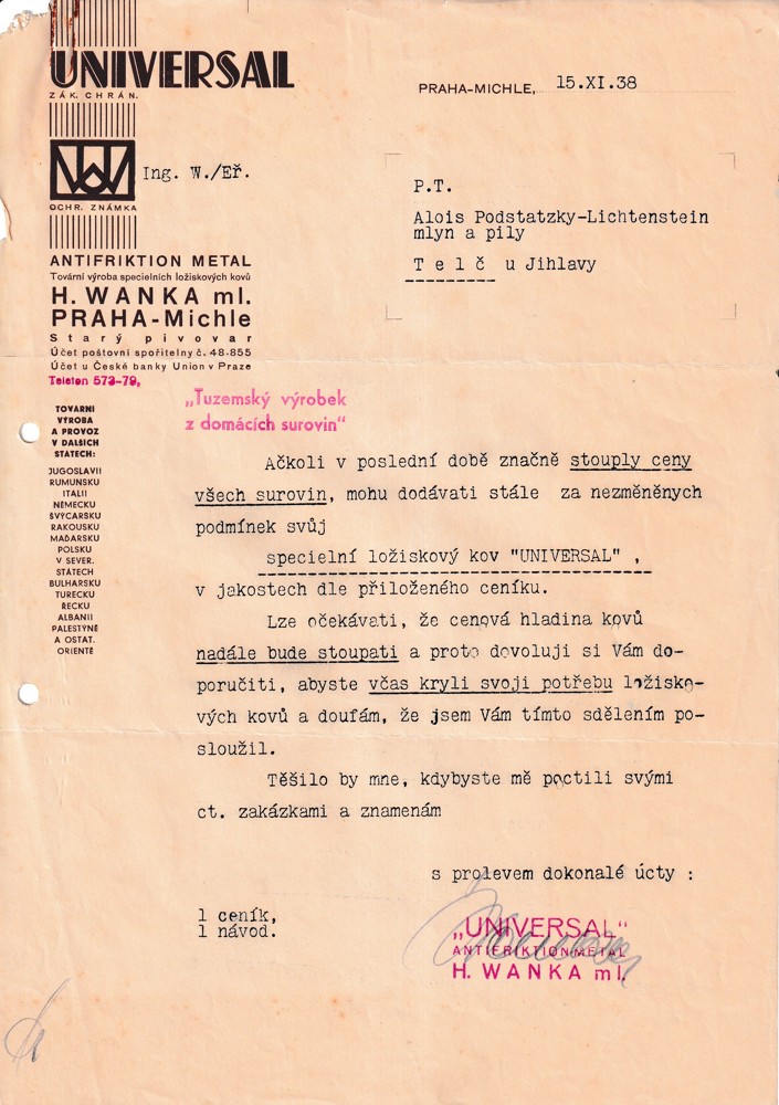 Účet, Universal, ložiskové kovy, Praha, 5ks