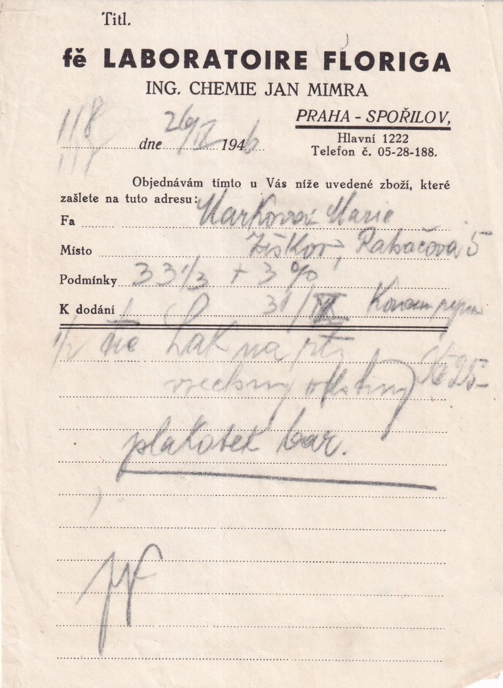 Účet, Ing. Chemie Jan Mimra, Praha, 1946