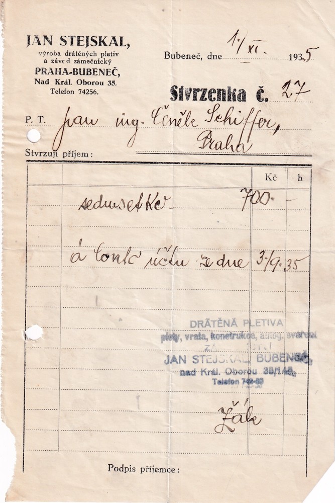Účet, Drátěné pletiva, zámky, Praha, Bubeneč, 1935