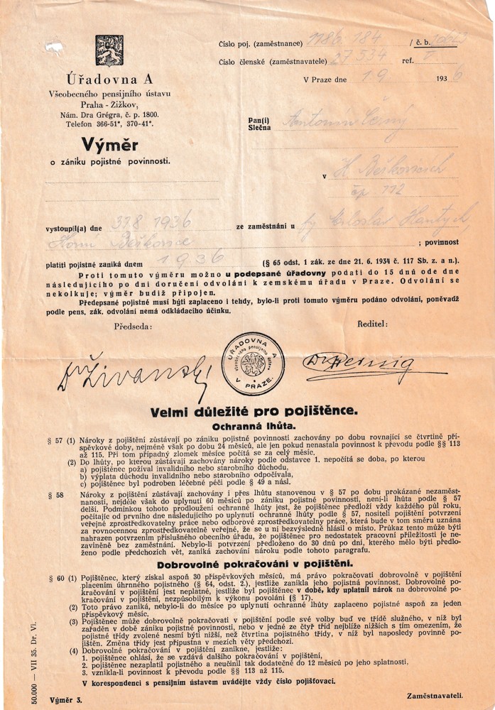 Účet, Výměr, zánik pojistné povinnosti, Praha, 1936