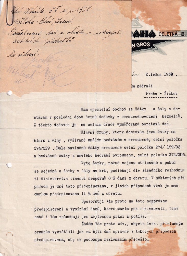 Účet, Celní úřad, nákladní nádraží, Praha, 1939