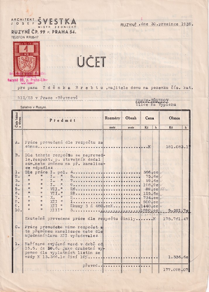 Účet, Architekt, Švestka, zedník, Ruzyně, 1939