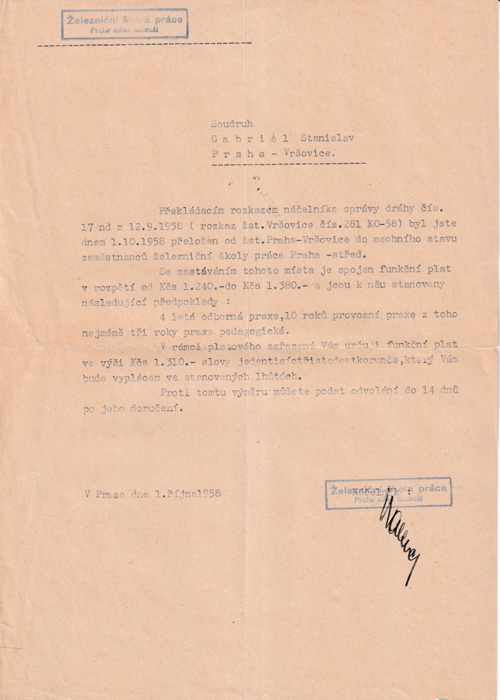 Účet, Železniční škola práce, Praha, 1958