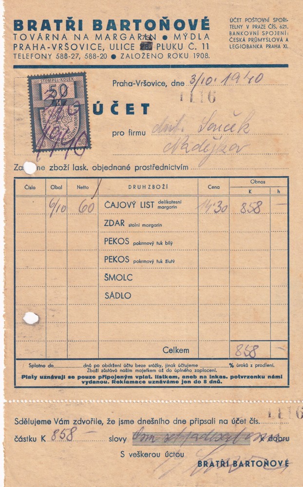 Účet, Továrna na margarín, Praha Vršovice, 1940