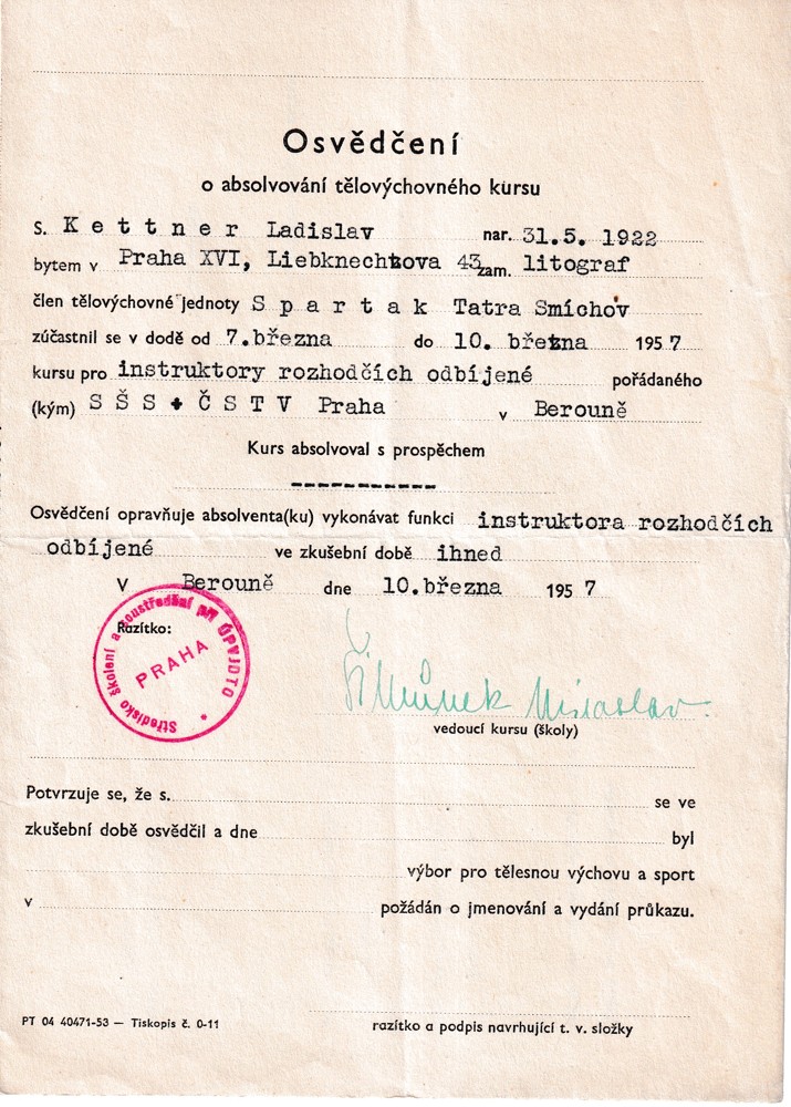 Účet, Osvědčení, tělovýchovný kurs, Beroun, 1957