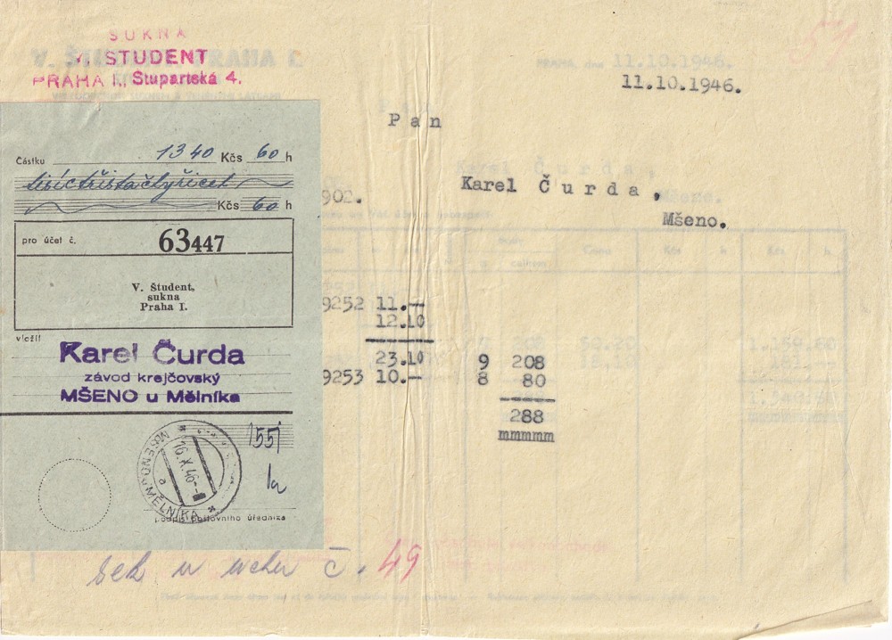 Účet, Závod krejčovský, K. Čurda, Praha, 1948