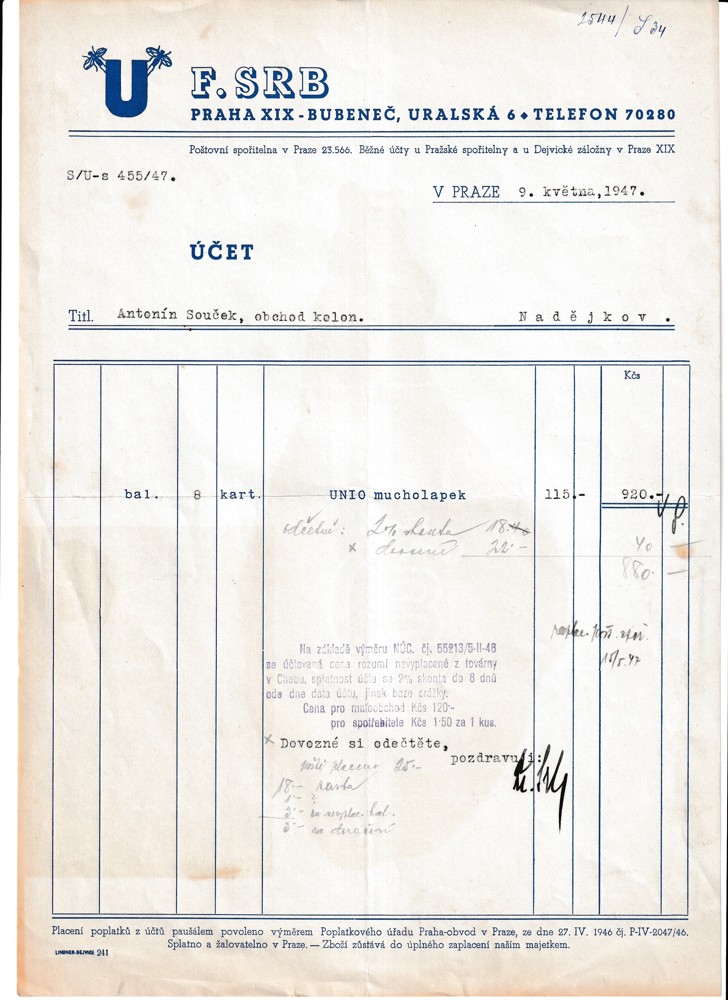 Účet, Obchod koloniální, Praha, 1947