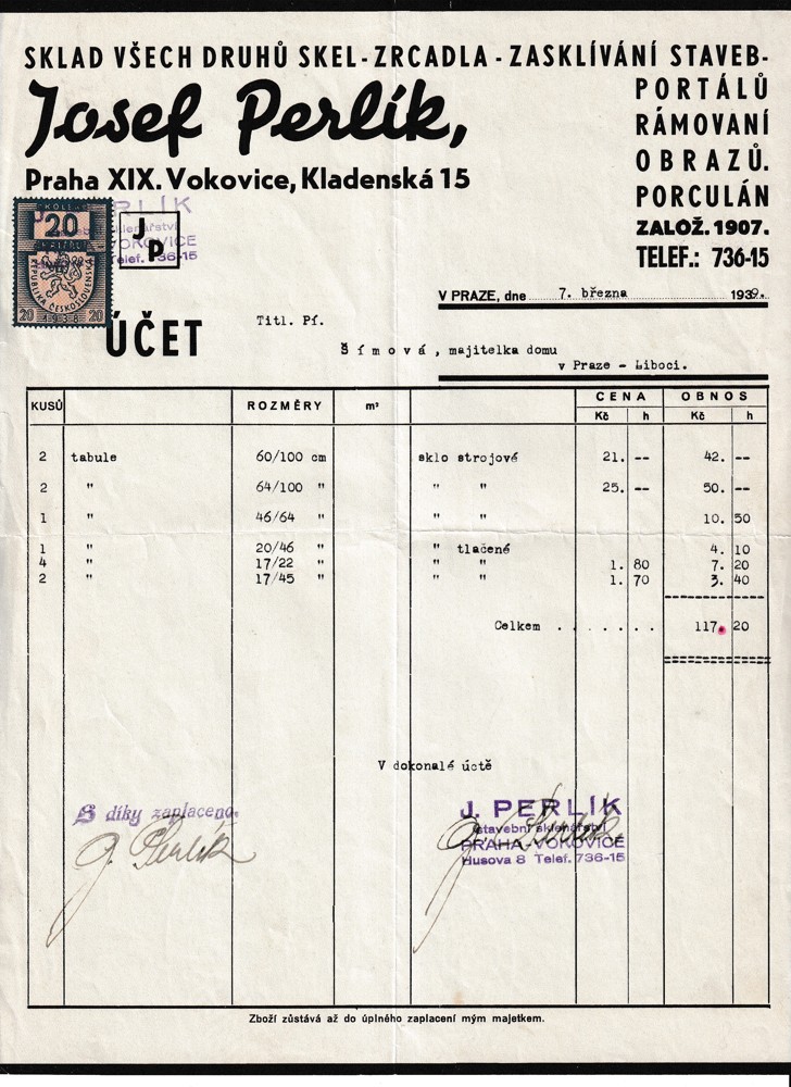 Účet, Stavební sklenářství, Praha, 1939