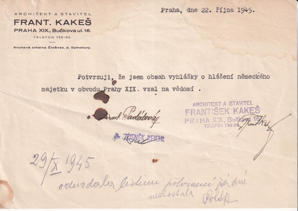 Účet, Architekt a stavitel, Praha, 1945