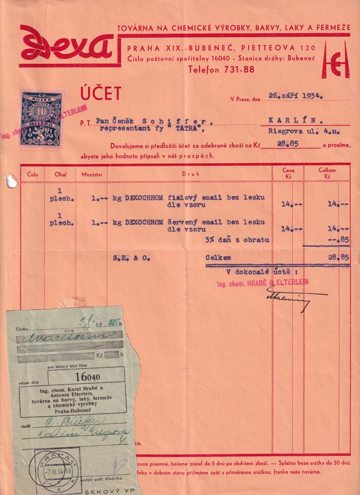 Účet, Továrna, barvy, laky, fermeže, Praha, 1934