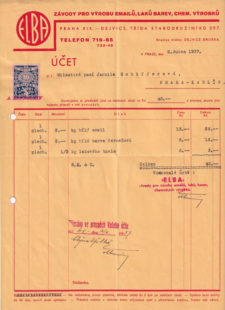 Účet, Továrna, barvy, laky, fermeže, Praha, 1937