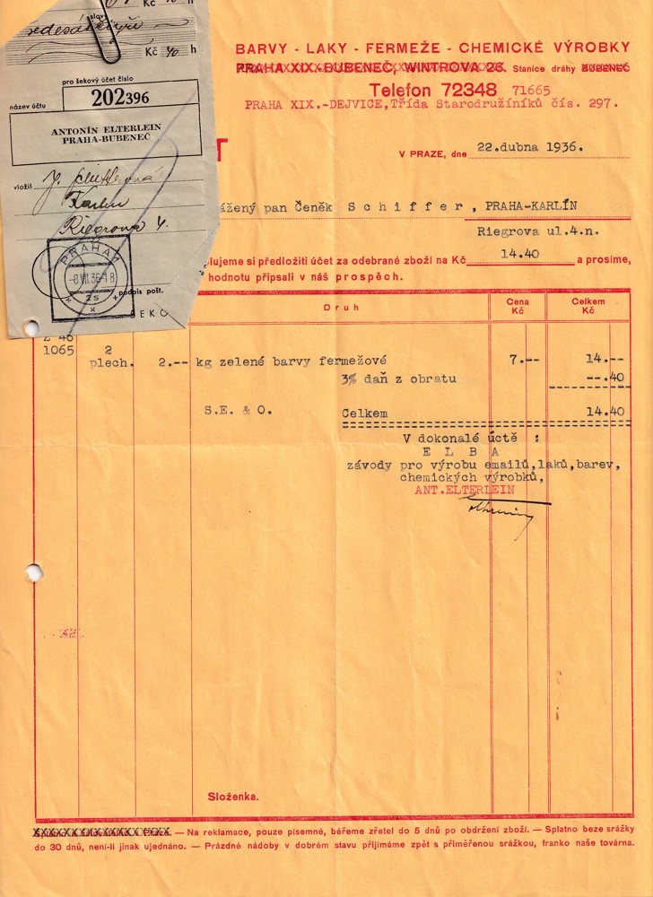 Účet, Továrna, barvy, laky, fermeže, Praha, 1936