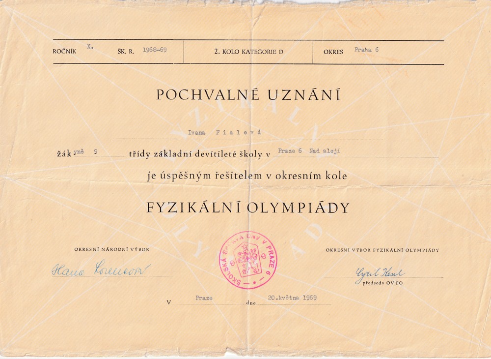 Účet, Pochvalné uznání, Fyzikální olympiáda, 1969