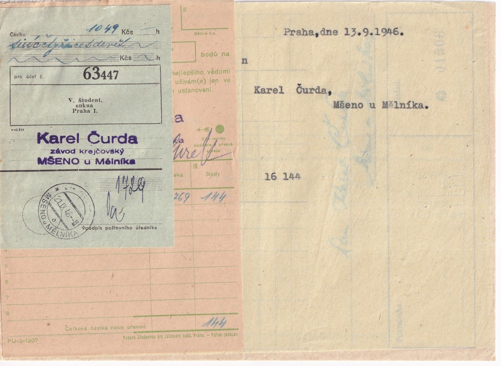 Účet, Závod krejčovský, K. Čurda, Praha, 1949