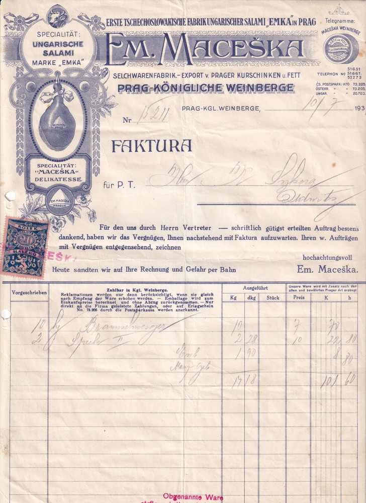 Účet, Továrna na uzeniny, Praha, 1933