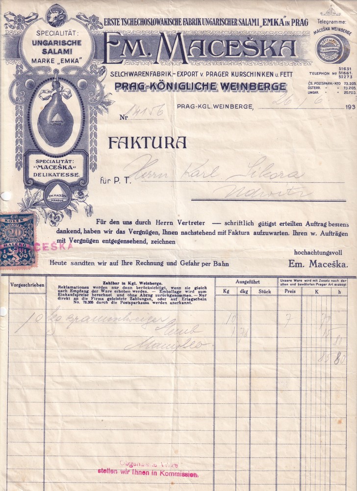 Účet, Továrna na uzeniny, Praha, 1933