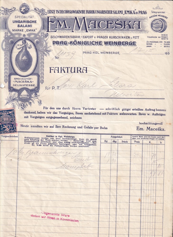 Účet, Továrna na uzeniny, Praha, 1933