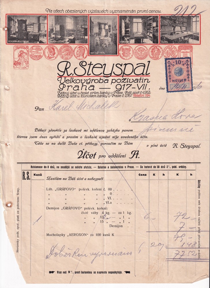 Účet, Velkovýroba poživatin, Praha, 1916