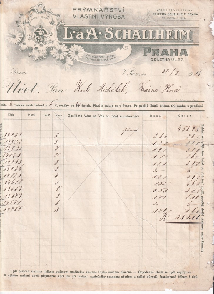 Účet, Prýmkařství, Praha, 1916