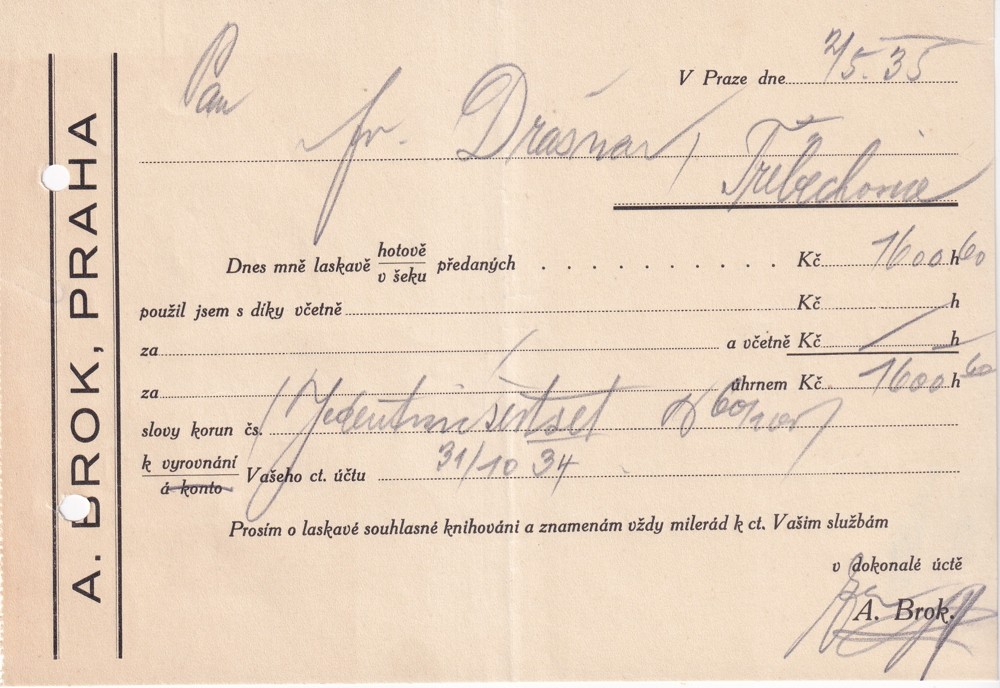 Účet, A. Brok, Praha, 1935