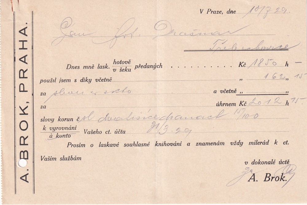 Účet, A. Brok, Praha, 1929