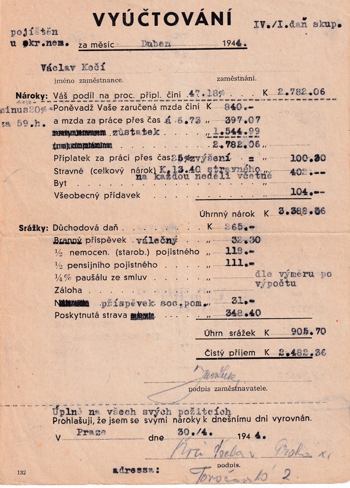 Účet, Vyúčtování, Nároky a srážky, 1944