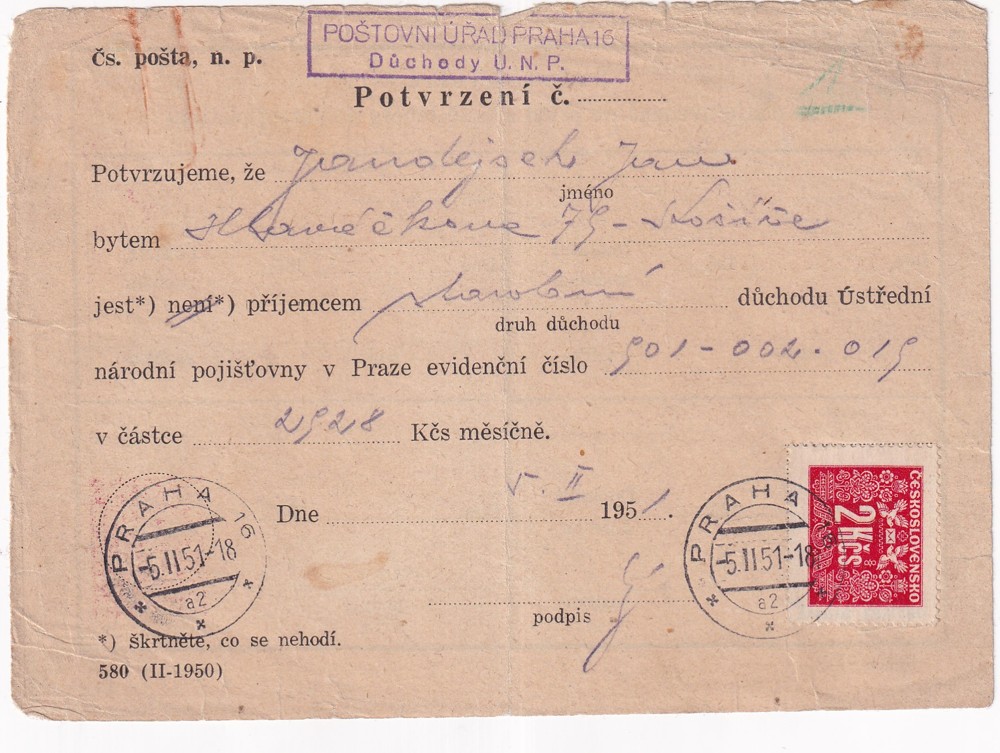 Účet, Poštovní úřad, Praha, 1951