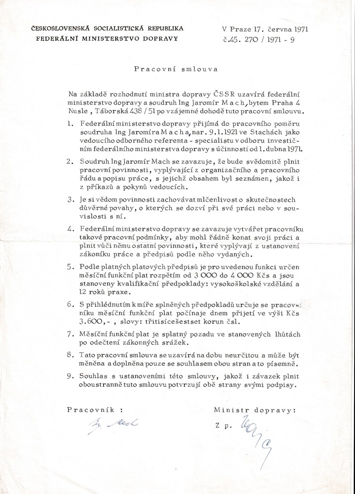 Účet, Prac. smlouva, Federální minister. dopravy