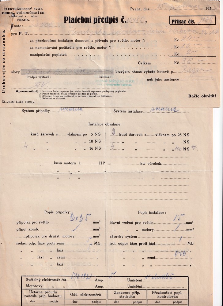 Účet, Elektrárenský svaz, Praha, 1926
